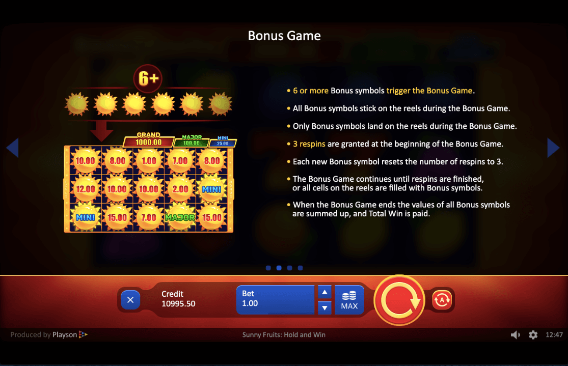 SUNNY FRUITS HOLD AND WIN ONLINE SLOTS SPECIAL FEATURES